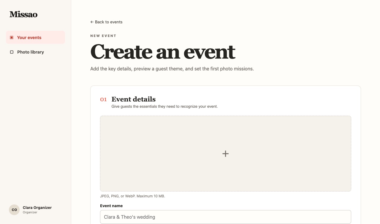 Missao app: Create an event page with cover picker and event details