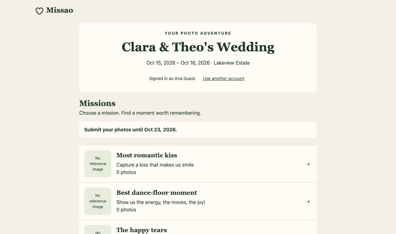 Missao app: guest mission list for a wedding, signed in as a guest