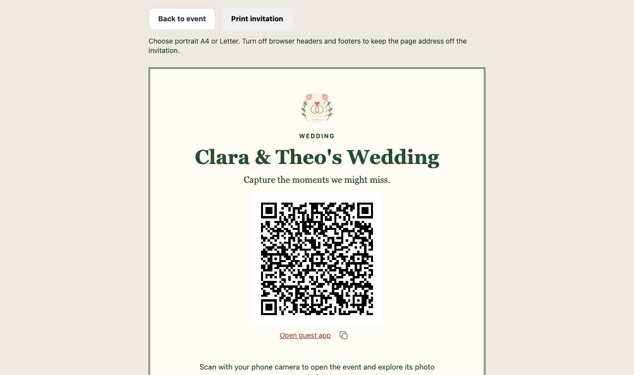 Missao app: printed QR invitation sheet for a wedding with a real scannable QR code