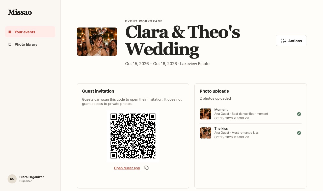 Missao app: organiser event workspace with guest invitation QR code